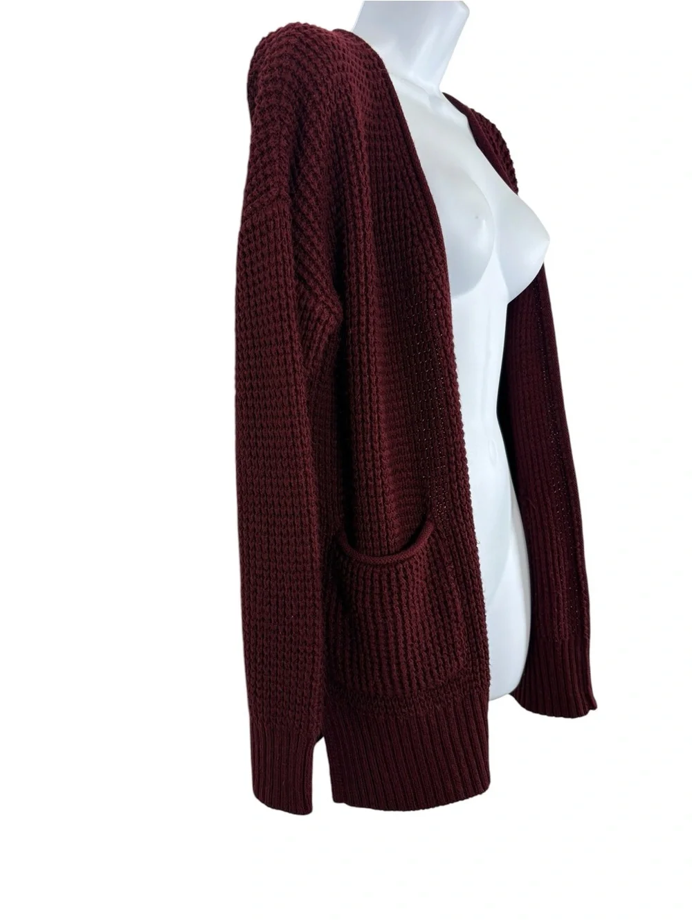 Zenana Open-Front Chunky Knit Cozy Layering Cardigan Burgundy Front Pockets SzS